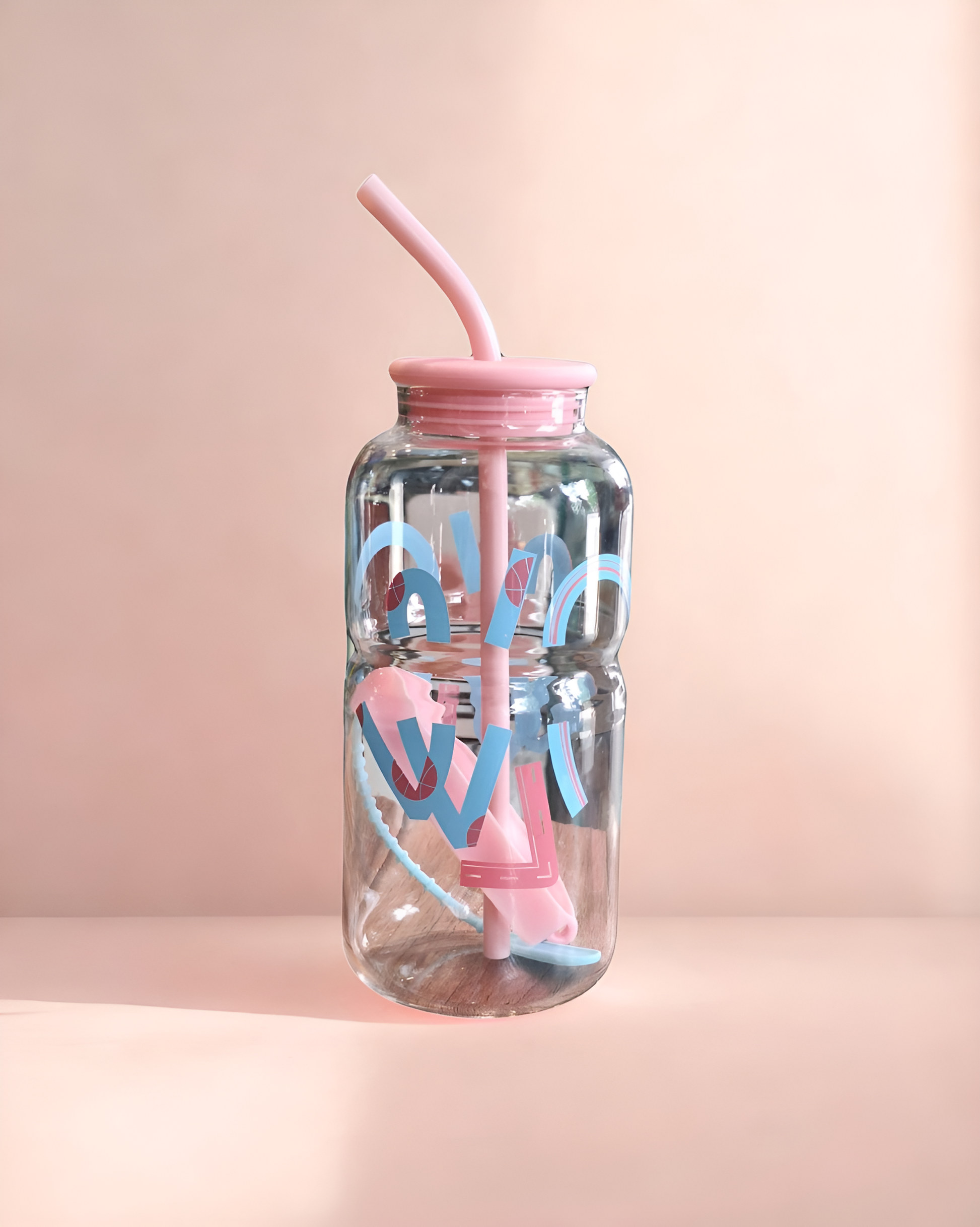 Pastel Bubble Letter Glass Bottle with Straw